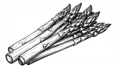 Detailed Sketch of Fresh Asparagus Stalks in a Bundle.