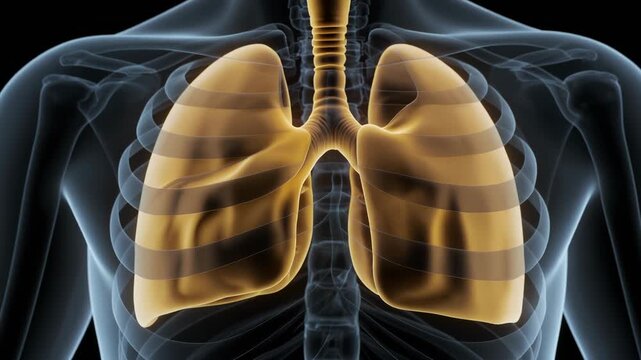 Medical animation of human lungs and rib cage, showing respiration.