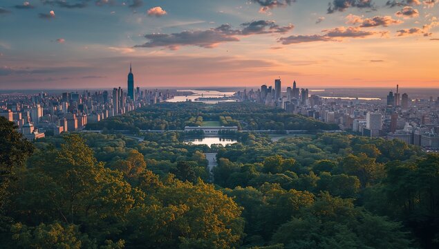 New York City skyline with Central Park at sunset, a breathtaking panoramic view