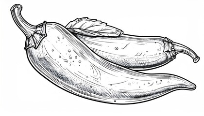 Detailed Sketch of Two Chili Peppers with a Leaf.