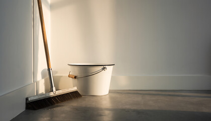 部屋の隅に置かれたシンプルな掃除用具とバケツ