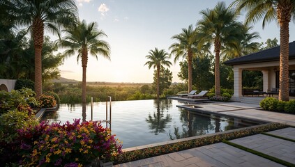Fototapeta premium Luxury infinity pool with palm trees and lounge chairs at sunset overlooking a scenic landscape