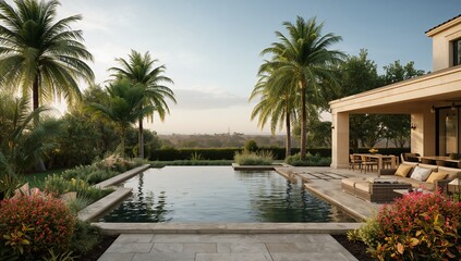 Fototapeta premium Luxury backyard oasis with infinity pool, palm trees, and covered patio seating