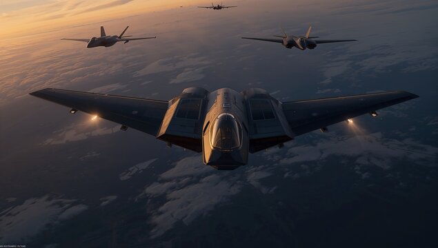 Stealth bomber formation flying in formation at sunset with dramatic lighting