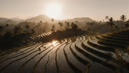 Golden Sunrise Illuminates Serene Terraced Rice Fields.