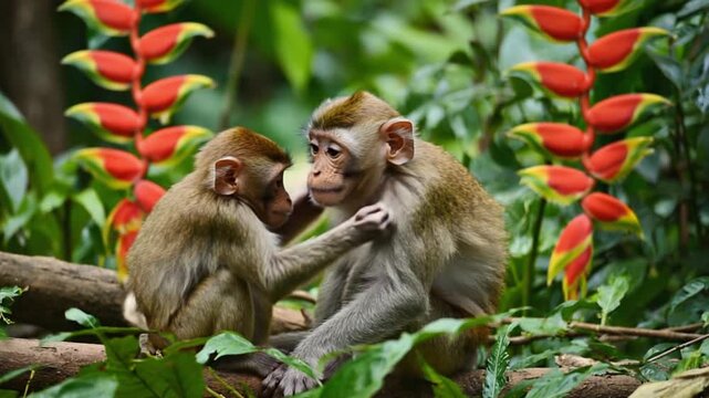 Two adorable monkeys sitting together in a lush tropical forest with vibrant flowers