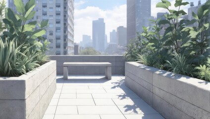 Modern Rooftop Terrace with Green Plants and City Skyline View.