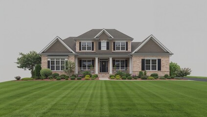 Beautiful suburban house with manicured lawn and lush landscaping on a clear day