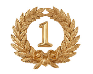 Couronne de laurier dor&eacute;e &eacute;clatante avec le chiffre un, embl&egrave;me de la victoire, du succ&egrave;s et de la premi&egrave;re place, isol&eacute;e.