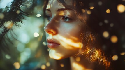 A young woman's face is partially obscured by foliage, with sunlight filtering through the leaves and creating a dreamy effect.
