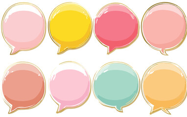 Collection de huit bulles de dialogue rondes et brillantes aux couleurs pastel avec des bordures dor&eacute;es, id&eacute;ales pour la communication et les messages.