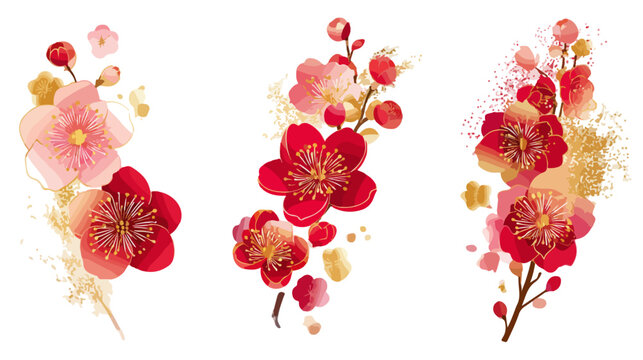 Trois arrangements floraux d&eacute;licats de fleurs de cerisier rouges et roses avec des touches dor&eacute;es, parfaits pour des designs &eacute;l&eacute;gants.