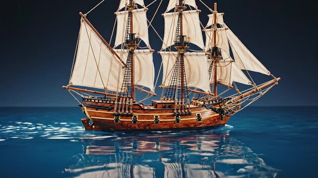 A detailed wooden model of a tall sailing ship with billowing white sails on blue water