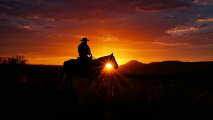 Silhouette of a cowboy riding a horse against a vibrant sunset sky