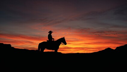 Silhouette of a cowboy on horseback against a vibrant sunset sky