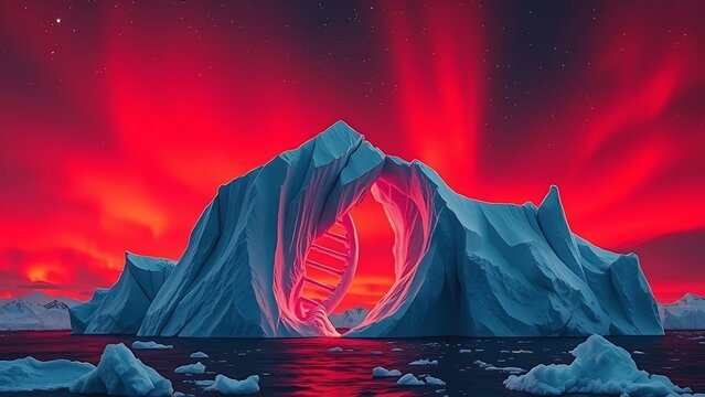 Monolithic iceberg fracturing into DNA helixes under blood-red auroras.