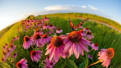 Monarch butterfly on vibrant pink coneflowers in lush green meadow