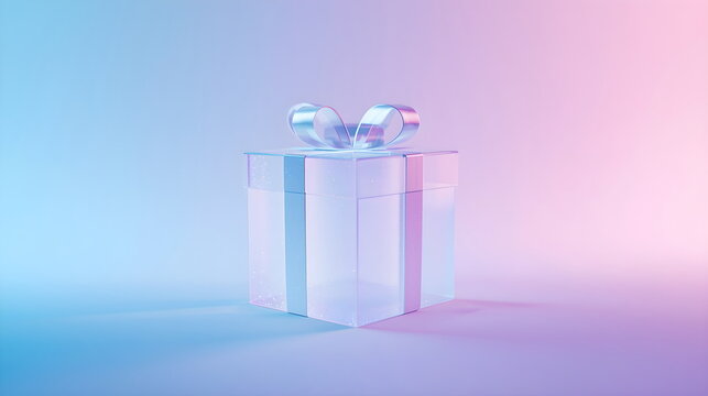 Transparent glass gift box with ribbon on gradient blue and pink background