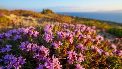 Vibrant purple flowers blooming on a sunny coastal hillside