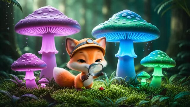 A curious fox with a magnifying glass examines colorful glowing mushrooms in a magical forest