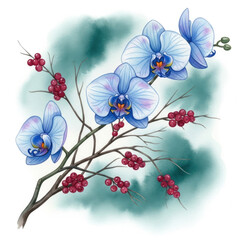 Delicate Blue Orchids with Red Berries on a Branch.