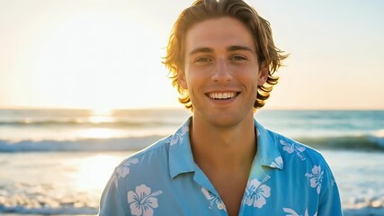 Man Surfer Aloha Shirt Beach Sunset Shaka Gesture Joyful