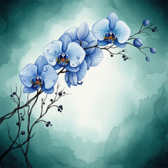 Delicate Blue Orchids with Water Droplets on a Branch.