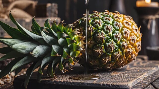 Freshly sliced pineapple with a rustic wooden background capturing vibrant