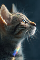 Obraz premium Dramatic kitten portrait with rim lighting and upward gaze for cinematic backlight