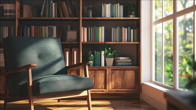A quiet corner of a library bathed in sunlight, featuring a comfortable chair and a bookshelf filled with books.