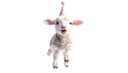 A joyful lamb in a party hat, mid-leap against a transparent background