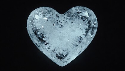 Fototapeta premium A sparkling icy heart with intricate frost patterns glistening against a stark dark background