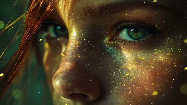 Close-up of a woman's face with green eyes, freckles, and glitter.