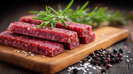 A rustic presentation of sliced salami sticks laid out on a wooden board, garnished with fresh rosemary and surrounded by coarse salt and peppercorns, showcasing a flavorful deli snack.