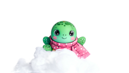 A cheerful green cartoon turtle with a pink scarf resting on a puffy white cloud, black bg