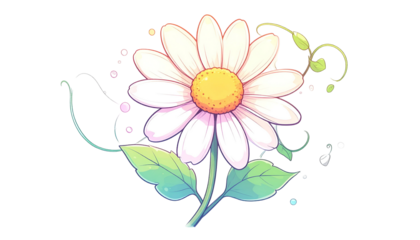Digitally painted, stylized daisy with a bright yellow center, green stem and leaves, and swirls