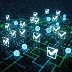 Digital Checkmarks and Spheres on a Futuristic Grid.