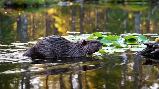 A beaver swimming in a tranquil pond surrounded by nature and trees.
