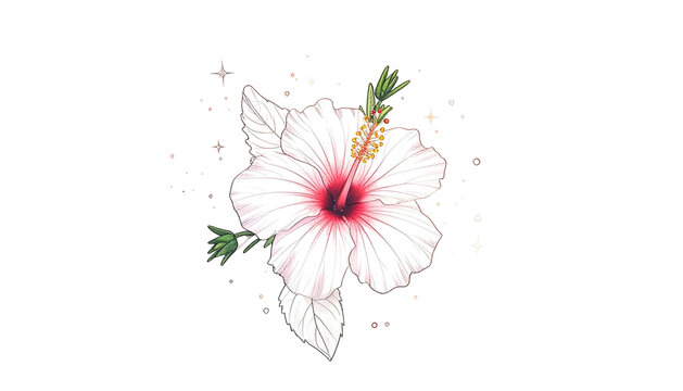 Delicate watercolor rendering of a white and pink hibiscus flower on a black background - Powered by Adobe