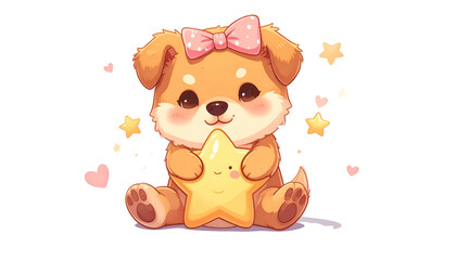 Adorable cartoon puppy with pink bow holding a smiling star, surrounded by hearts and stars