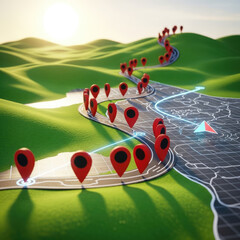 Digital Map with Navigation Pins on a Winding Road Through Green Hills.
