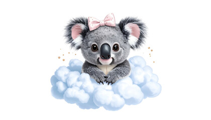 Adorable koala bear with a pink bow sitting on a fluffy white cloud