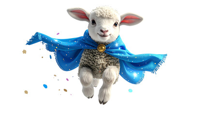 A fluffy lamb, dressed as a superhero, flying towards the viewer, on a black background