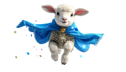 A fluffy lamb, dressed as a superhero, flying towards the viewer, on a black background