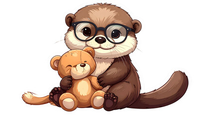Cartoon otter with glasses and a teddy bear, smiling. Isolated on black