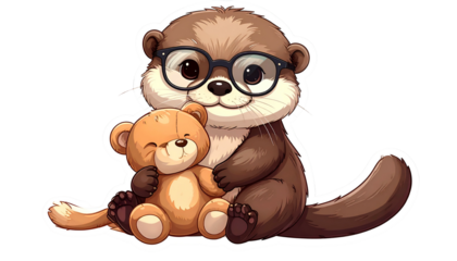 Cartoon otter with glasses and a teddy bear, smiling. Isolated on black