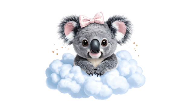 Adorable koala bear with a pink bow sitting on a fluffy white cloud - Powered by Adobe