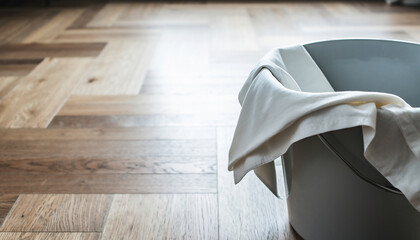 バケツに掛けられた清潔な白い布のクローズアップ