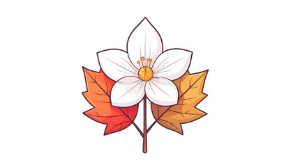 A white flower with an orange center sits atop a red and gold leaf design on black