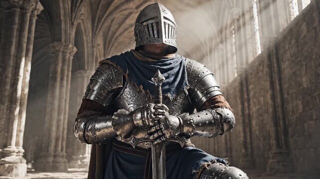 A knight in shining armor kneels in a grand cathedral, holding a sword.